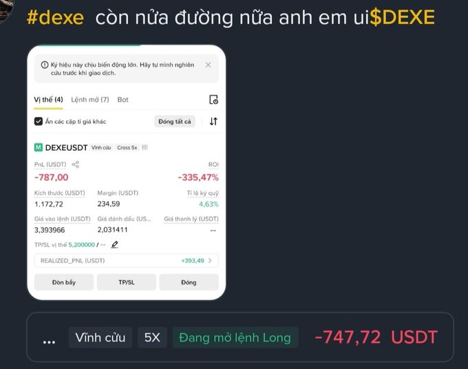 A Vietnamese-language cryptocurrency trading interface shows a short position on DEXE/USDT with a loss of -787.00 and an ROI of -335.47%.
