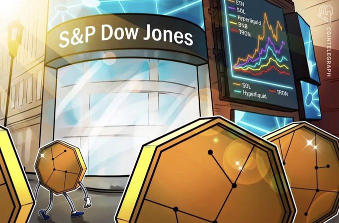 An illustration showing the S&P Dow Jones building with golden cryptocurrency coins in the foreground and a screen displaying price charts for ETH, SOL, Hyperliquid, BNB, and TRON, with a Cointelegraph watermark.