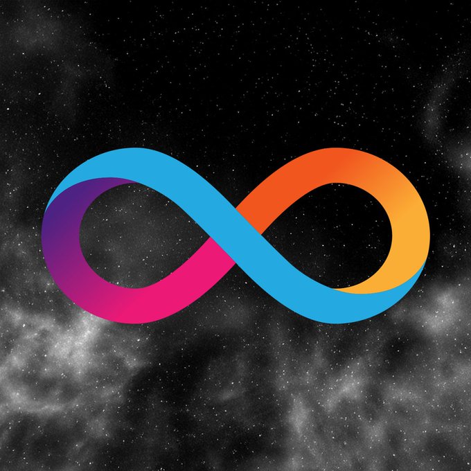 A rainbow-colored infinity symbol is displayed against a dark, starry space background.