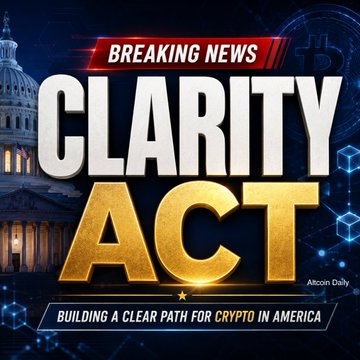 A dramatic breaking news graphic from "Altcoin Daily" features bold "CLARITY ACT" text in white and gold, set against a backdrop of the U.S. Capitol building and a digital cryptocurrency network, with the tagline "BUILDING A CLEAR PATH FOR CRYPTO IN AMERICA." The image visually reinforces the post's announcement that the U.S. Senate is finalizing the Crypto Clarity Act this week.