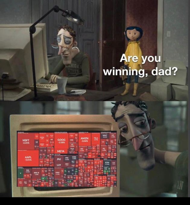 A two-panel meme from a stop-motion animation shows a father at a computer with the text "Are you winning, dad?" above, followed by a screenshot of a market heatmap showing stocks like MSFT, GOOG, AAPL, META, AMZN mostly in deep red losses.