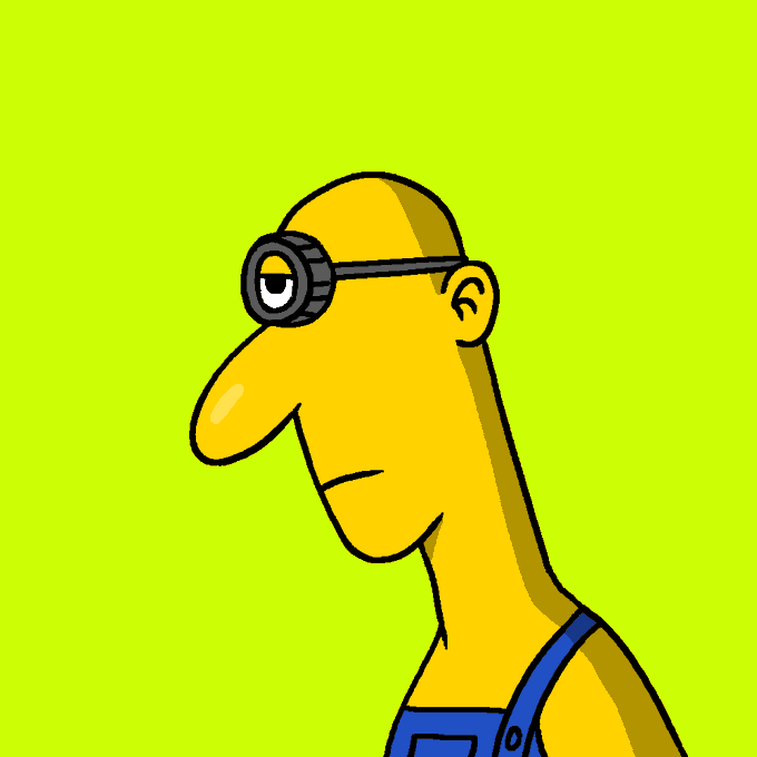 A cartoon illustration of a bald man with an exaggerated long nose wearing goggles, set against a bright lime green background.
