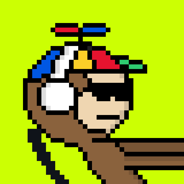A pixel-art profile of a person with dark skin, a colorful mosaic-patterned headwrap, and white sunglasses against a bright lime green background.