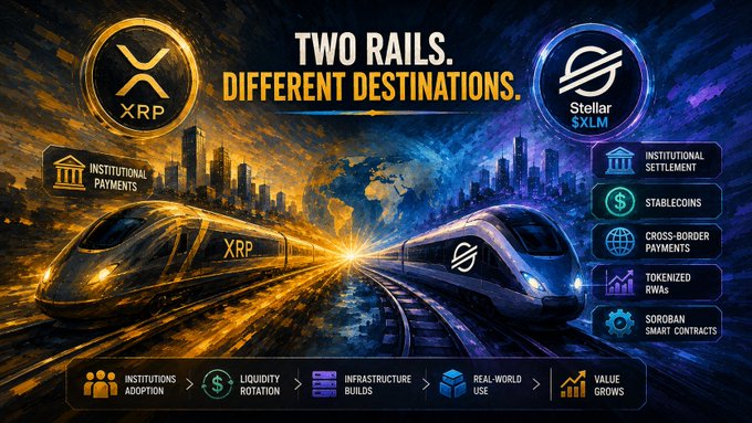A promotional graphic titled 'TWO RAILS. DIFFERENT DESTINATIONS.' comparing XRP and Stellar (XLM) as high-speed trains with features like institutional payments, stablecoins, and Soroban smart contracts.