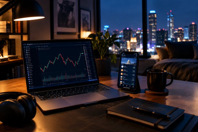 A nighttime desk scene featuring a laptop displaying a stock chart, a smartphone showing financial data, a coffee mug, headphones, and a notebook with a city skyline visible through the window.