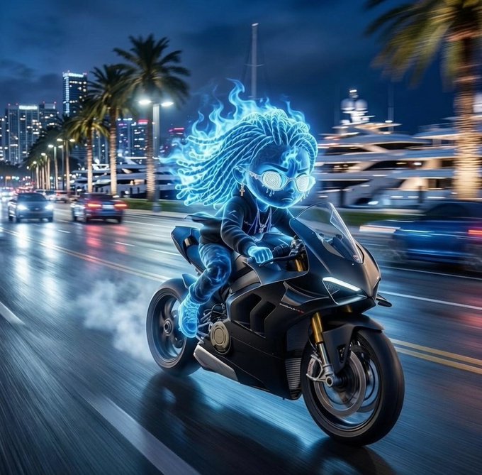 A 3D-rendered character with glowing blue energy hair and round white sunglasses rides a black sport motorcycle through a city street at night, with palm trees, a yacht marina, and motion-blurred cars in the background.