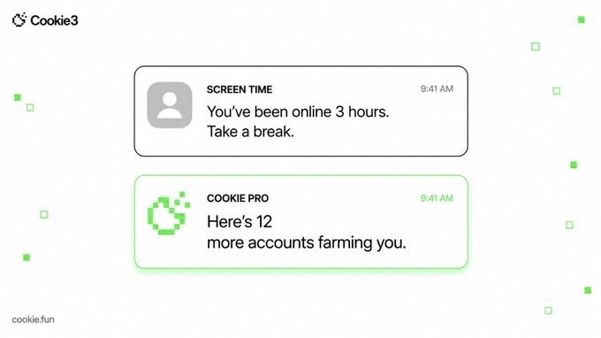Cookie3’s Cookie Pro notification says, “Here’s 12 more accounts farming you,” contrasting with Screen Time’s warning, “You’ve been online 3 hours. Take a break,” illustrating the meme’s choice between a normal app’s reminder and a farming tool.