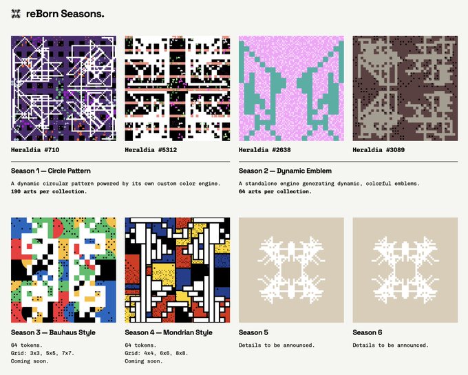 A catalog page from "reBorn Seasons" displays digital artwork collections (Heraldia #710, #5312, #2638, #3089) across Seasons 1–6, with Seasons 3–4 noted as coming soon.