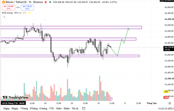 Bitcoin/TetherUS 1-hour Binance candlestick chart showing price at 64,118.01 BTCUSDT with resistance zones marked around 64,500-65,500 and a bullish projected move indicated by a green arrow toward 65,500.
