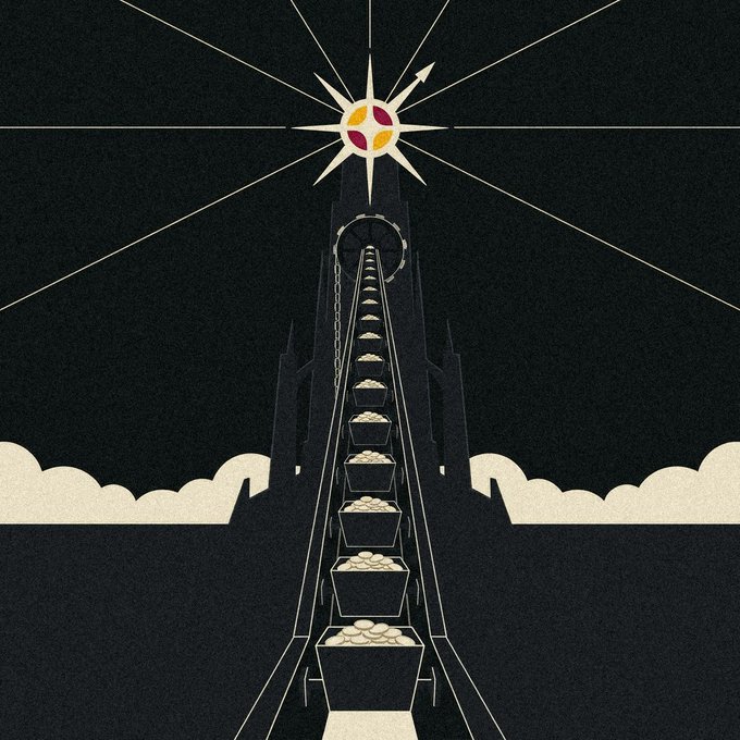 A stylized illustration shows mine carts filled with golden coins ascending a steep track toward a radiant star symbolizing McDonald's (MCD) corporate emblem, set against a dark sky with clouds flanking the conveyor. The imagery visually represents the post's mention of $900k being used for MCD stock repurchases over the next 60 days, with the rising carts of coins symbolizing the wealth being directed back into buybacks.
