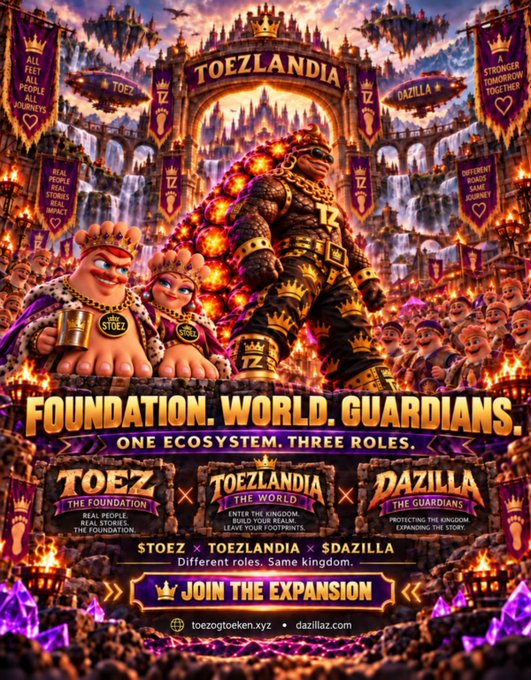 An elaborate fantasy-style promotional poster featuring 'TOEZLANDIA' and 'DAZILLA' with the text 'FOUNDATION. WORLD. GUARDIANS. ONE ECOSYSTEM. THREE ROLES.' and a 'JOIN THE EXPANSION' call to action.