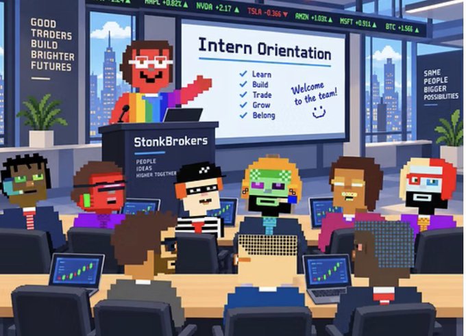 A pixel-art illustration of 'StonkBrokers' intern orientation, featuring a presenter at a podium and a diverse group of pixelated character interns with laptops, surrounded by motivational text and stock tickers.