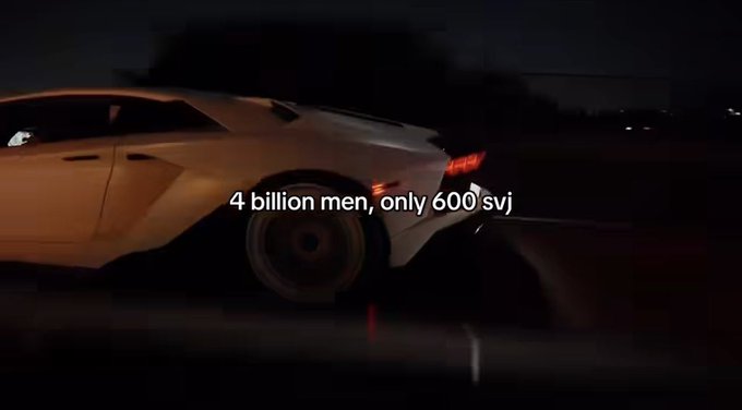 A white Lamborghini sports car is shown driving at night with the on-screen text "4 billion men, only 600 svj," emphasizing its extreme rarity compared to the global male population. The caption "Do the math" reinforces the exclusivity suggested by these striking numbers.