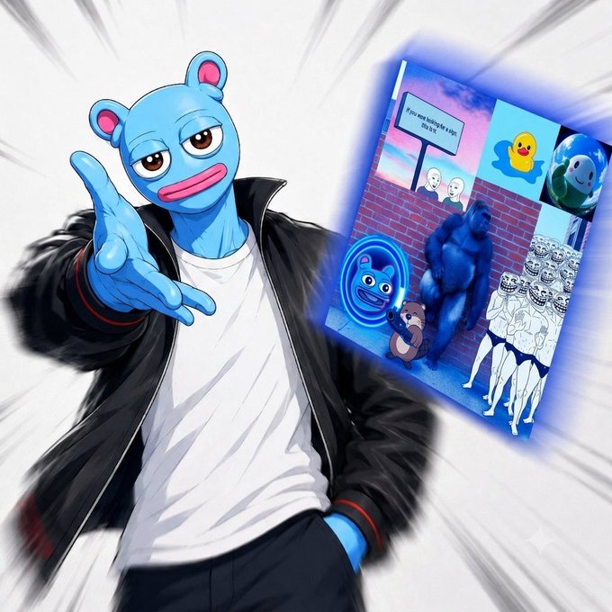 An anime-style illustration of a blue anthropomorphic bear character in a white t-shirt and black jacket pointing forward, alongside a smaller image showing various internet meme characters.