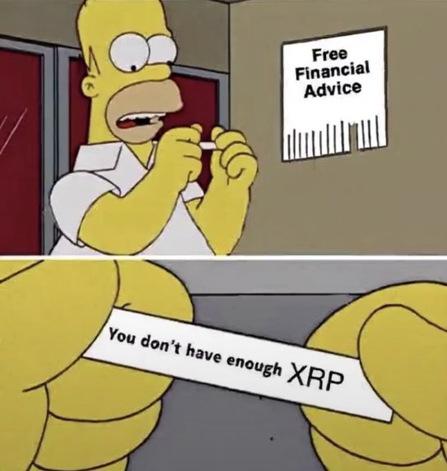 The image features a cartoon depiction of Homer Simpson holding up a piece of paper with a message about financial advice. The text on the paper reads "You don't have enough XPRP", which is likely an advertisement for Bitcoin or another cryptocurrency. The cartoon shows Homer's face and hands, emphasizing his involvement in the transaction.