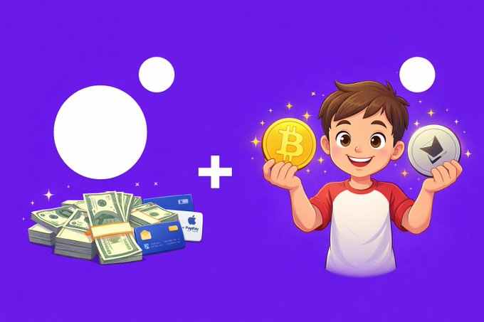 A purple illustrated graphic showing a cartoon boy holding a Bitcoin coin and an Ethereum coin next to a plus sign and stacks of cash and credit cards.