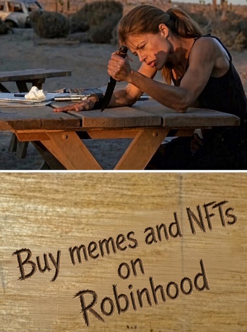 Two-panel meme: top shows actress Angelina Jolie in a movie scene stabbing a knife into a wooden table; bottom shows wood engraving text reading 'Buy memes and NFTs on Robinhood'.