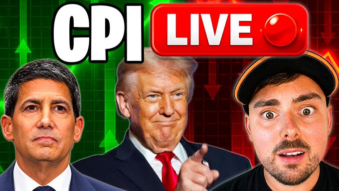 A YouTube thumbnail-style image features three men in front of a red and green stock chart background with the text 'CPI LIVE' at the top, showing what appears to be a financial analyst, Donald Trump, and MrBeast.