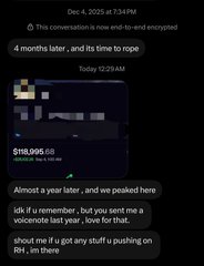 An encrypted message conversation on a device dated Dec 4, 2025, discussing a financial transaction of $110,995.88.