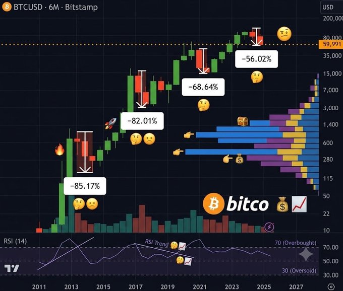 A 6-month Bitcoin (BTCUSD) chart on Bitsamp spanning 2011 to 2027 shows historic drawdowns of -85.17% (2013-2014), -82.01% (2017-2018), -68.64% (2021-2022), and -56.02% (2025), with the current price at $59,991. The accompanying post interprets the second consecutive red 6-month candle close as a historic signal that Bitcoin's down cycle is nearing its bottom, with pointing hand emojis highlighting key support levels on the chart.