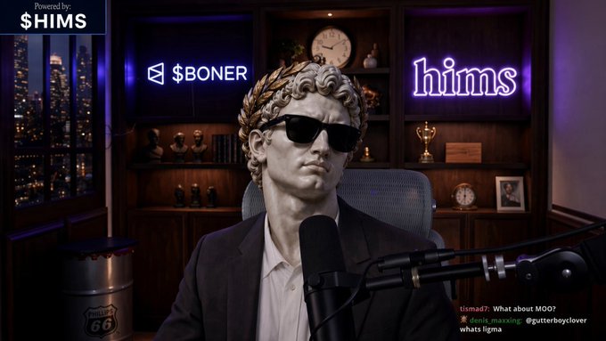 The image shows a podcast-style scene featuring a classical marble statue wearing sunglasses and a suit, seated at a desk with a microphone, set against a backdrop of illuminated "SHIMS," "$BONER," and "hims" neon signs on wooden shelving. The accompanying "Don't overthink it" comment playfully echoes the absurd juxtaposition of the stoic ancient sculpture trying to appear casual in a modern podcast setting, mirroring the meme-like humor of overanalyzing something simple.