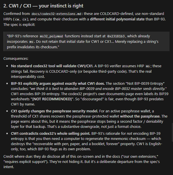 A technical blog post titled 'CW1/CX1 — your instinct is right' discussing COLDCARD-defined non-standard HRPs and BIP-93, detailing consequences for codex32 tooling and passphrase security models.