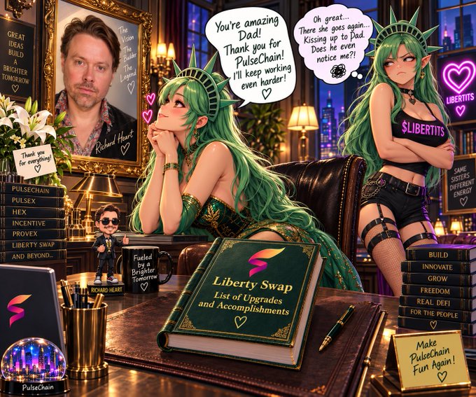 An anime-style promotional image featuring a green-haired character in a '$LIBERTITS' outfit alongside a portrait of 'Richard Heart', with speech bubbles praising 'PulseChain' and a book titled 'Liberty Swap: List of Upgrades and Accomplishments'.