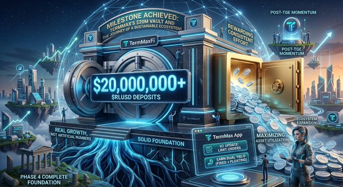 An elaborate digital illustration promoting TermMaxFi, highlighting a 'Milestone Achieved' of $20,000,000+ in USD deposits, with imagery of a vault, cityscapes, and references to a 'Phase 4 Complete Foundation' and 'TermMax App' V2 update.