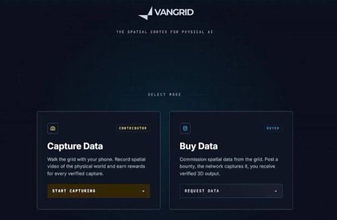 The Vangrid homepage with the tagline "THE SPATIAL CORTEX FOR PHYSICAL AI," offering two modes: "Capture Data" (Contributor) and "Buy Data."