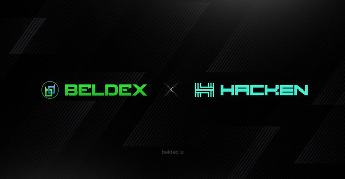 The image displays a partnership announcement graphic on a dark background, featuring the Beldex logo (with a lock icon) on the left and the Hacken logo on the right, separated by an "X" symbol. The accompanying text confirms this represents the collaboration between BeldexCoin and Hacken, where Hacken performed penetration testing on Beldex's upcoming cross-chain bridge to strengthen its security.