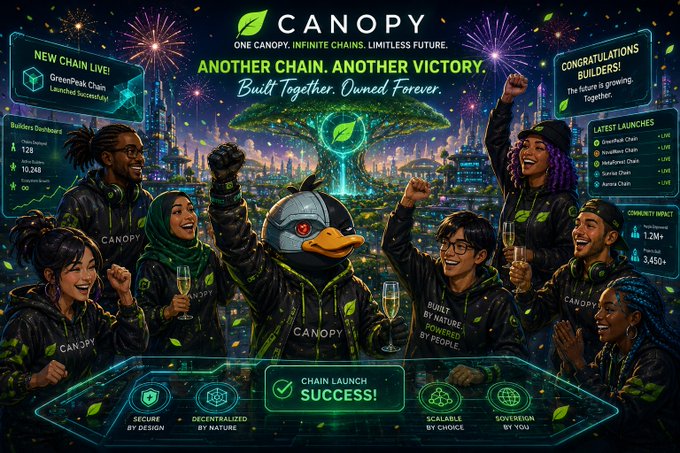 A promotional graphic for 'CANOPY' celebrating a new chain launch with diverse characters cheering around a digital tree, featuring metrics like 'Builders Onboarded 128' and 'LATEST LAUNCHES'.