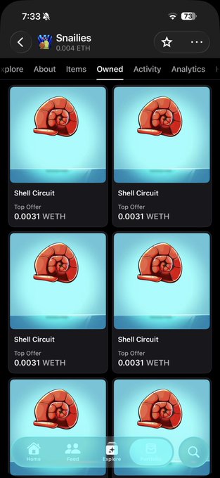 A mobile screenshot of the Snailies NFT collection on OpenSea shows the user's owned items, with multiple "Shell Circuit" NFTs listed at top offers of 0.0031 WETH each. The "Owned" tab displays six identical shell-themed digital artworks, supporting the post about minting and collecting from the SnailiesNFTs project.