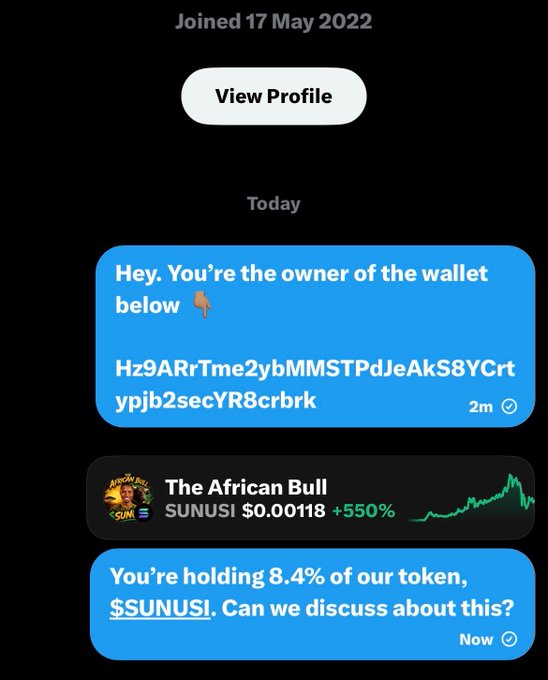 A direct message to the user from "The African Bull" addressing concerns about a large token holder, asking to discuss the 8.4% $SUNUSI supply they own in wallet "Hz9ARrTme2ybMMSTPdJeAks8YCrtypjb2secYR8crbrk," with the accompanying post explaining the team had reached out to the holder via X without receiving a response.