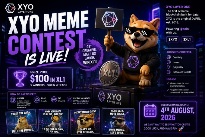 A vibrant promotional banner for the 'XYO MEME CONTEST IS LIVE!' announces a $100 prize pool in XL1 tokens, featuring a cartoon Shiba Inu dog character wearing sunglasses and holding a sign, with submission details referencing XYO Layer One, XYO, and XL1, and a deadline of August 4, 2026.