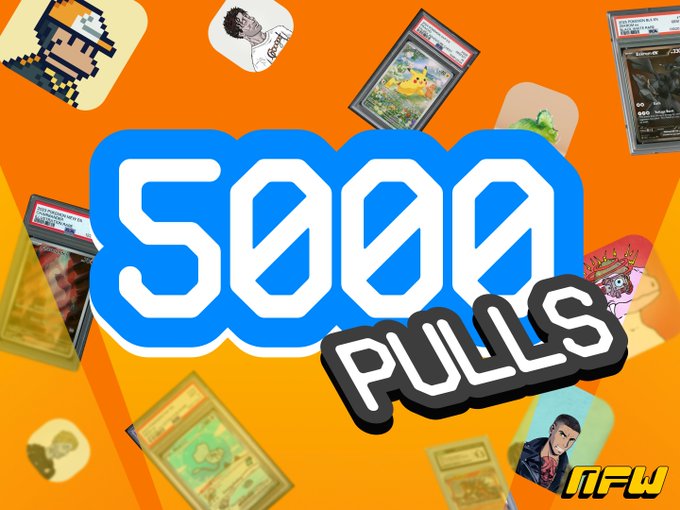 A bright orange graphic with the large blue text "5000 PULLS" prominently displayed, surrounded by various Pokemon trading cards and cartoon character stickers, with a "TFW" logo in the corner.