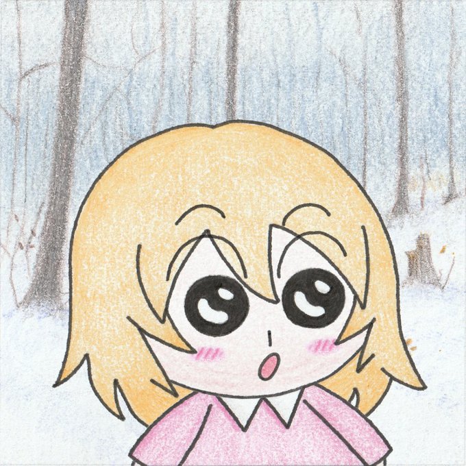 A simple colored pencil drawing of an anime-style girl with blonde hair, large eyes, and a pink shirt, set against a snowy forest background.