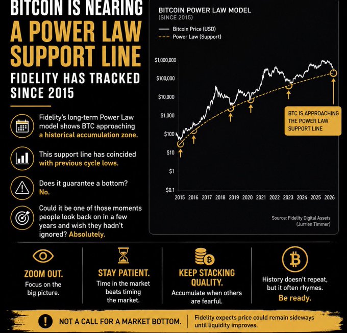 An infographic from Fidelity Digital Assets (Jurrien Timmer) showing a Bitcoin Power Law Model chart since 2015, illustrating BTC's price on a logarithmic scale approaching a power law support line around $100,000+ in 2026, with key messaging that this accumulation zone has historically coincided with prior cycle lows—though it explicitly notes this is "NOT A CALL FOR A MARKET BOTTOM." The image reinforces the post's message about long-term Bitcoin investment strategy, advising viewers to "ZOOM OUT," "STAY PATIENT," and "KEEP STACKING QUALITY."