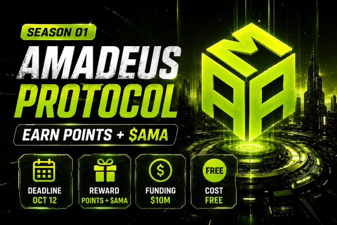 A promotional graphic for 'AMADEUS PROTOCOL SEASON 01' announces a crypto airdrop to earn points and $AMA tokens, with an October 12 deadline and $10M funding.