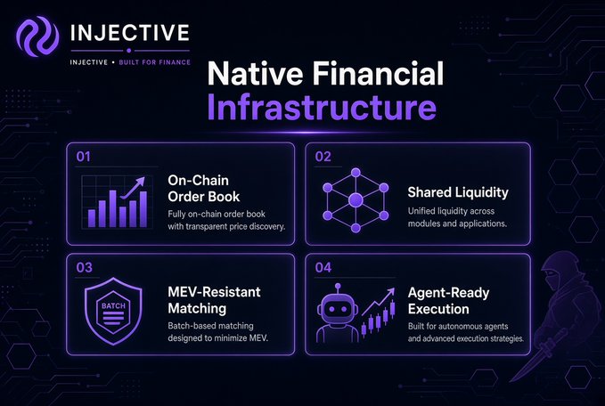 An Injective (INJECTIVE • BUILT FOR FINANCE) marketing graphic titled 'Native Financial Infrastructure' highlighting four features: On-Chain Order Book, Shared Liquidity, MEV-Resistant Matching, and Agent-Ready Execution.