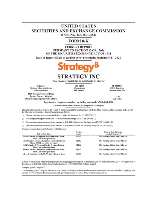 A United States Securities and Exchange Commission Form 8-K Current Report for Strategy Inc, with a Date of Report of September 14, 2026, showing the company's address in Tysons Corner, Virginia.