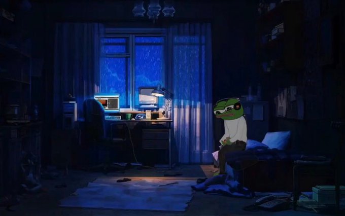 A moody, dimly-lit digital artwork shows a sad Pepe the Frog character sitting on a bed in a dark bedroom illuminated only by a computer monitor.