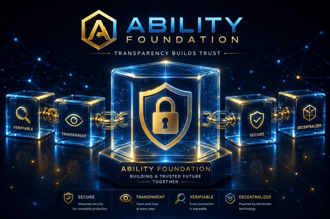 A promotional graphic for 'ABILITY FOUNDATION' featuring the tagline 'TRANSPARENCY BUILDS TRUST' and 'BUILDING A TRUSTED FUTURE TOGETHER,' displaying blockchain-linked cubes labeled 'VERIFIABLE,' 'TRANSPARENT,' 'SECURE,' and 'DECENTRALIZED.'
