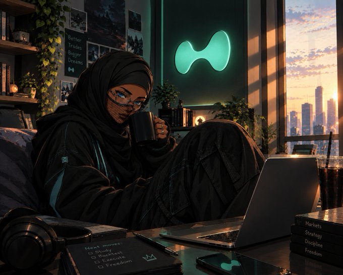 A stylized illustration of a woman in a hijab and face covering sipping from a mug while reclining with a laptop in a neon-lit room with a glowing green logo on the wall, a city skyline visible through the window, and a notebook reading 'Next moves: Study, Reach, Execute, Freedom'.