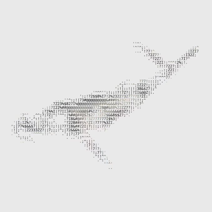 A minimal black-and-white ASCII art image uses various punctuation marks and characters to depict an abstract shape against a white background.