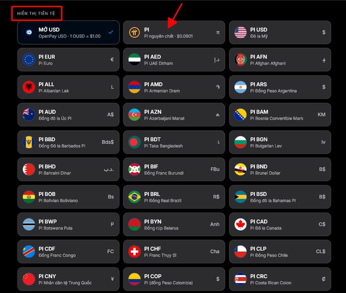A screenshot from the OpenPay app displays Pi (Pi) listed among 26 fiat currencies alongside USD, EUR, AED, AFN, and others, with Pi Network shown at a rate of 1 Pi nguyên chất ≈ $0.0901, highlighted by a red arrow and "HIỂN THỊ TIỀN TỆ" label to emphasize its inclusion as a supported currency.