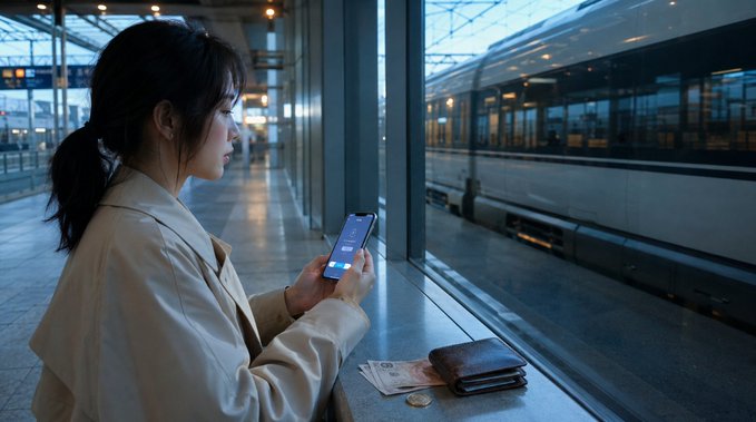 An Asian woman with a ponytail wearing a beige coat, standing at a train station platform while using her smartphone, with cash and a wallet placed beside her on the ledge.