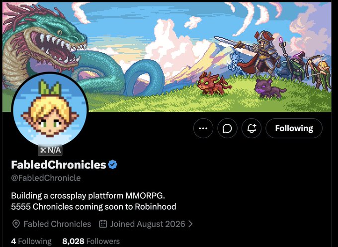 Twitter/X profile for FabledChronicles (@FabledChronicle), displaying pixel art of characters facing a large serpent-like creature, with bio: "Building a crossplay platform MMORPG. 5555 Chronicles coming soon to Robinhood."