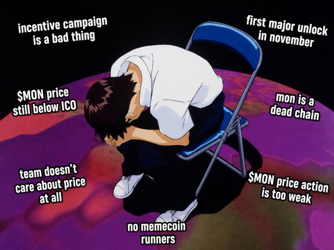 An anime meme featuring a sad character sitting hunched on a folding chair, surrounded by criticism of the $MON token including 'incentive campaign is a bad thing', 'first major unlock in november', '$MON price still below ICO', 'mon is a dead chain', 'team doesn't care about price at all', '$MON price action is too weak', and 'no memecoin runners'.