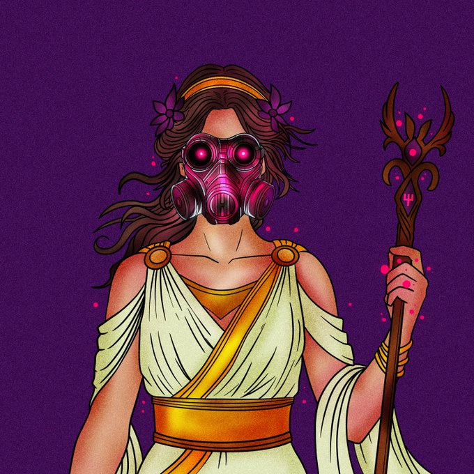 A stylized illustration depicts a woman with flowing brown hair adorned with purple flowers, wearing a futuristic pink gas mask with glowing eyes, dressed in a white and gold classical gown while holding an ornate wooden staff with glowing pink accents against a purple background, matching the artistic aesthetic of the Yardkeepers NFT collection referenced in the post.