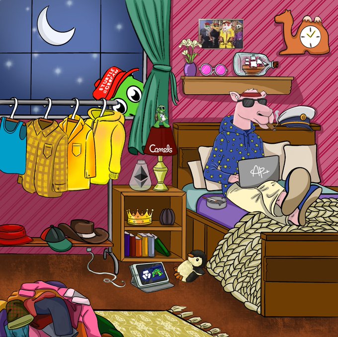 The image features a cartoon depiction of a pig wearing sunglasses, sitting comfortably on a bed with his laptop open in front of him. The room has pink walls and a window that lets in moonlight, creating a cozy atmosphere for the pig's activities. There are also various objects scattered around the room, including books, a clock, and a vase. The image is accompanied by a caption that reads "Time to rest X! Create with the heart. Build with the mind.~Anon #Camelsnft #NFTCommunitys #ThursdayMotivation".